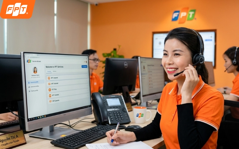Nhân viên FPT Telecom tư vấn gói cước VIP7 Combo Sky VVIP Box và hỗ trợ đăng ký lắp đặt tận nhà