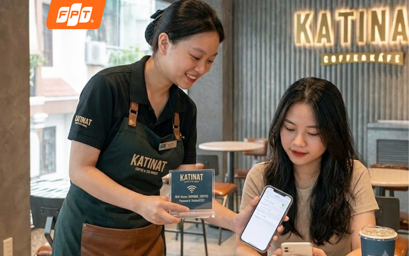 Nhân viên cung cấp pass wifi Katinat cho khách hàng