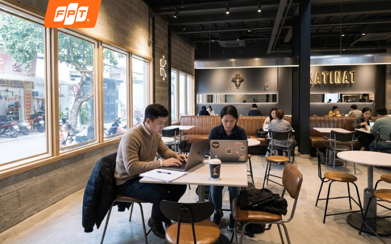 Không gian quán Katinat đông khách sử dụng Wifi