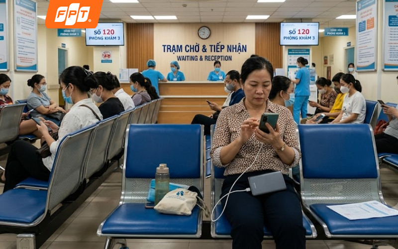 Người nhà lướt web nhờ pass wifi bệnh viện tại sảnh chờ