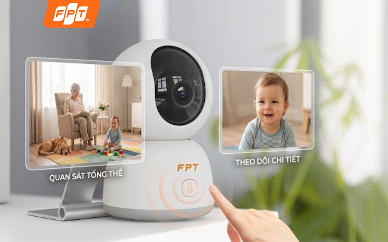 Camera Play 4 trong nhà của FPT hỗ trợ đàm thoại hai chiều và giám sát qua điện thoại
