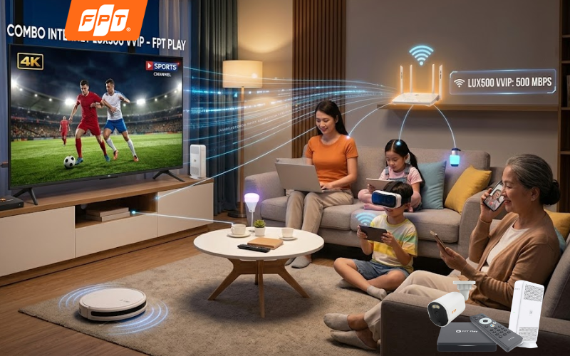 Gói Combo Internet Lux500 VVIP FPT phù hợp cho gia đình đông người biệt thự và văn phòng tại nhà