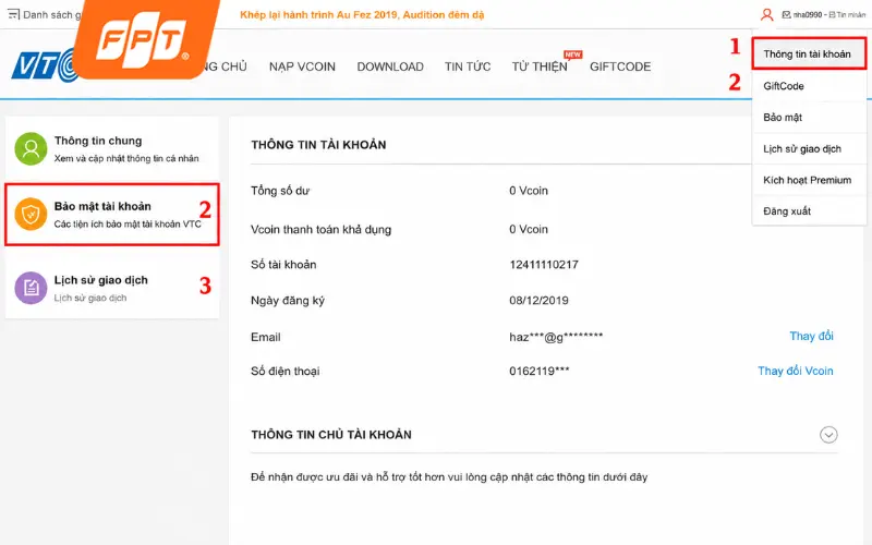 đổi mật khẩu Audition