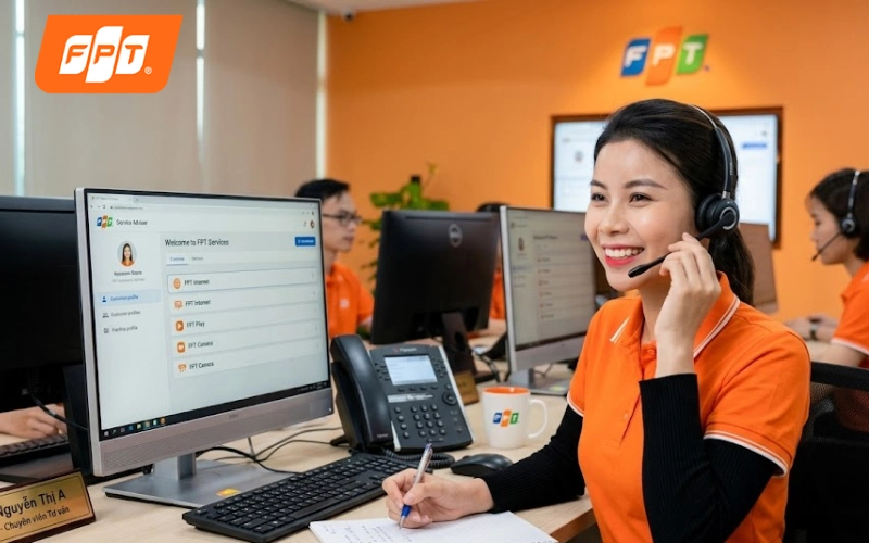 Nhân viên FPT Telecom tư vấn giải pháp lắp mạng cáp quang và hỗ trợ khách hàng đăng ký tận nơi
