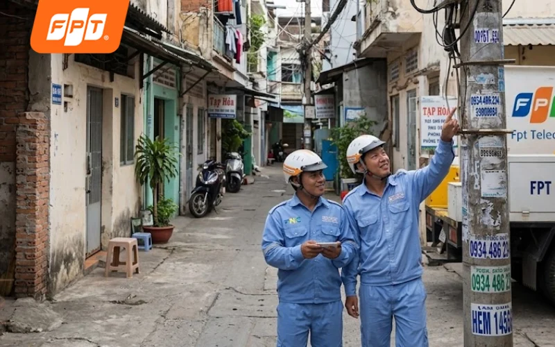 Kỹ thuật FPT khảo sát thực tế, chọn phương án kéo cáp phù hợp cho nhà trong hẻm