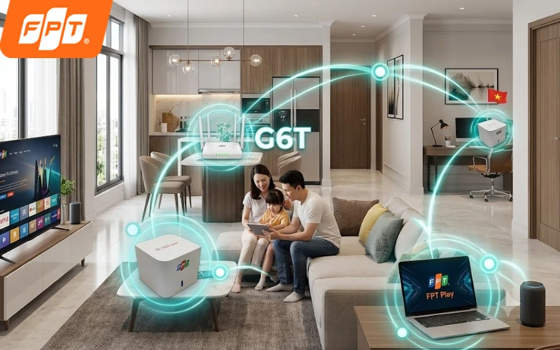 Modem Wifi 6 kết hợp giải pháp Mesh từ FPT giúp phủ sóng ổn định cho căn hộ nhiều phòng, không gian rộng