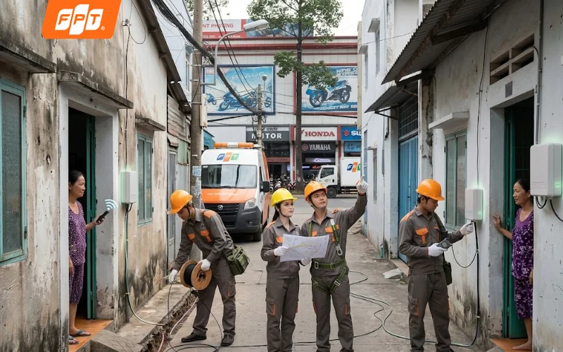 Kỹ thuật viên FPT Telecom kéo cáp quang FTTH và trang bị Modem Wifi 6 tận nhà trong hẻm tại phường Minh Phụng