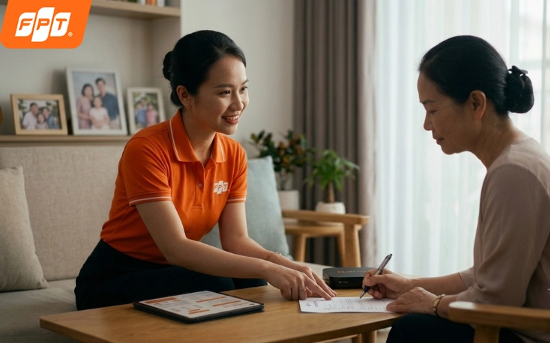 Kỹ thuật viên FPT Telecom hỗ trợ tư vấn và lắp mạng FPT tại nhà cho cư dân phường Diên Hồng