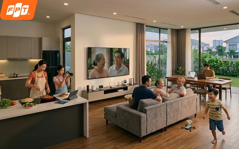 Gia đình sử dụng mạng cáp quang FPT Wifi 6 tốc độ cao làm việc từ xa và giải trí tại Diên Hồng