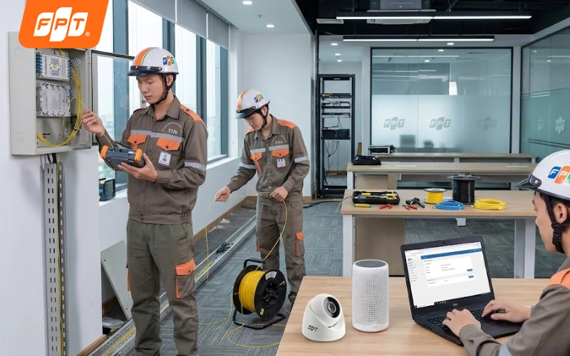 Kỹ thuật viên FPT khảo sát hạ tầng, kéo cáp quang, cấu hình thiết bị trước khi bàn giao
