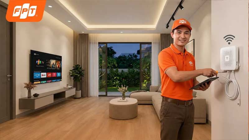 Kỹ thuật viên FPT Telecom lắp đặt modem tại nhà khách hàng