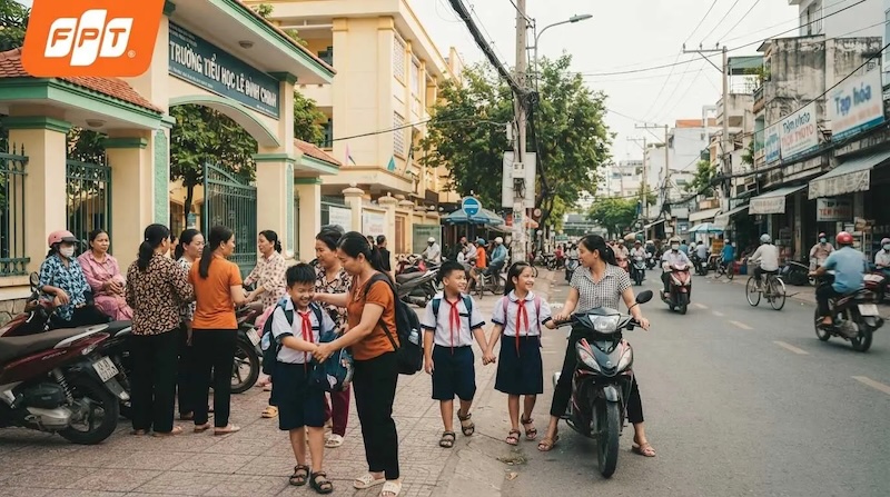 Phụ huynh và học sinh tại cổng trường học trên đường Phú Thọ Hòa, phường Phú Thạnh