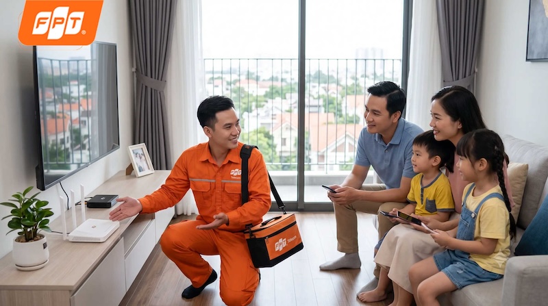 Kỹ thuật viên FPT khảo sát và lắp đặt internet cho hộ gia đình tại phường Cát Lái
