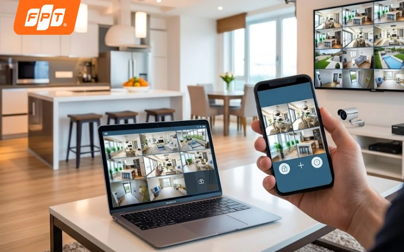 Chủ nhà trọ theo dõi camera giám sát khu trọ qua điện thoại