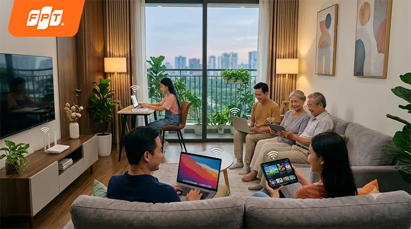 Gia đình ở Phước Tỉnh quây quần, con đang học online bằng máy tính bảng, modem Wifi 6 FPT trên kệ, có logo FPT Telecom