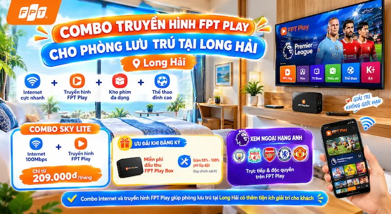 Phòng nghỉ homestay tại Long Hải có Smart TV đang phát truyền hình FPT Play, đầu thu FPT Play Box trên kệ, có logo FPT Telecom