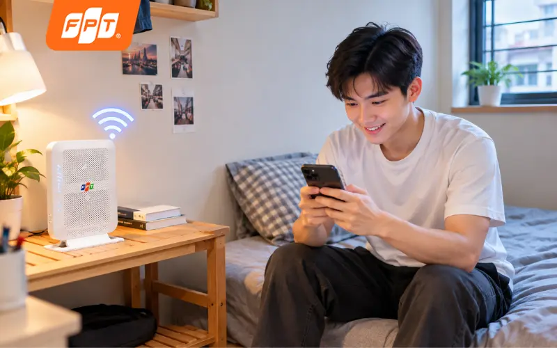 Công nhân thuê trọ xã Trừ Văn Thố dùng Wifi FPT trong phòng trọ nhỏ, có modem Wifi 6 đặt gần cửa sổ.