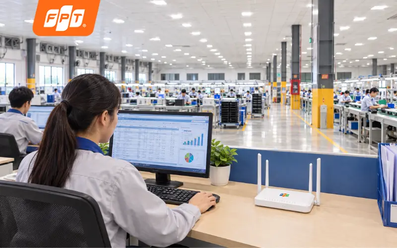 Router internet doanh nghiệp FPT lắp trong nhà xưởng khu công nghiệp xã Bàu Bàng.