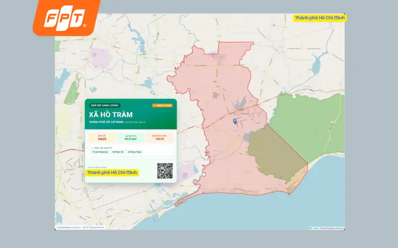 Bản đồ minh họa xã Hồ Tràm với 3 khu Phước Bửu, Phước Tân, Phước Thuận và dải resort ven biển