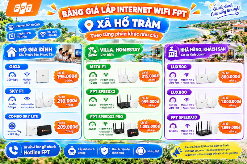Bảng giá cước internet FPT tại xã Hồ Tràm cho hộ gia đình, villa và cơ sở kinh doanh