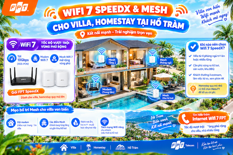 Villa hai tầng ven biển Hồ Tràm với các điểm Mesh Wifi 7 đặt ở hành lang và gần hồ bơi