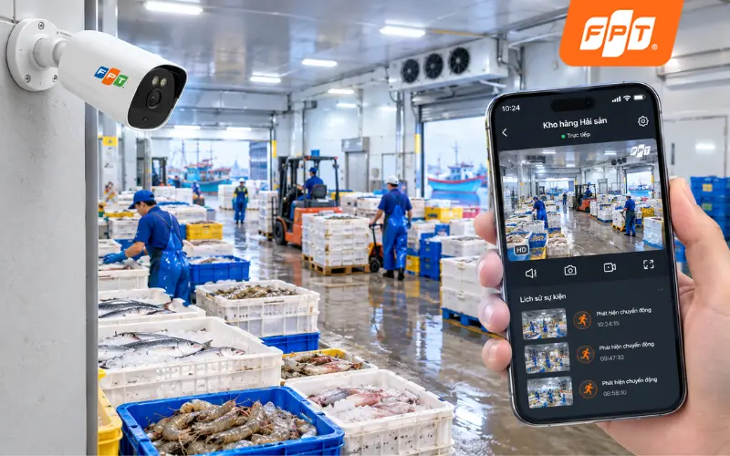 Camera FPT lắp tại vựa hải sản Phước Hải hiển thị hình ảnh kho hàng theo thời gian thực.