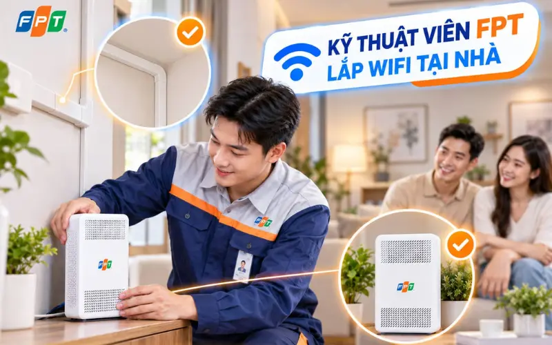 Kỹ thuật viên FPT lắp đặt modem Wifi và hướng dẫn sử dụng cho khách hàng tại Xã Phước Hải.