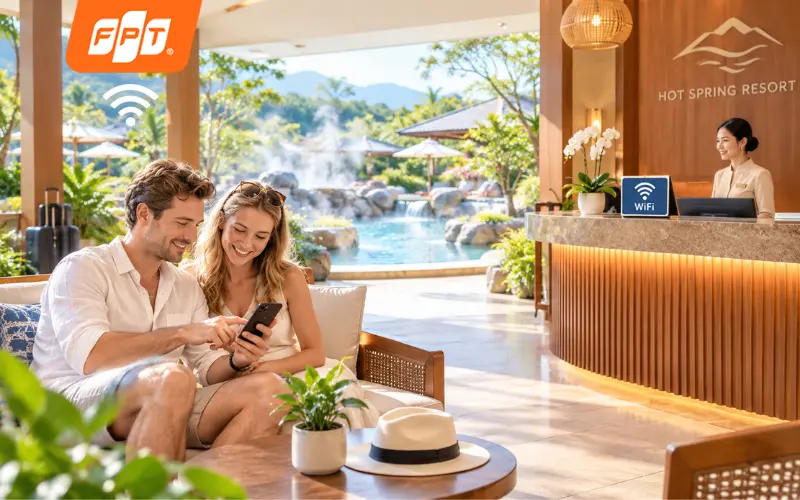 Khách du lịch nước ngoài dùng wifi tại sảnh resort gần suối khoáng nóng xã Bình Châu.