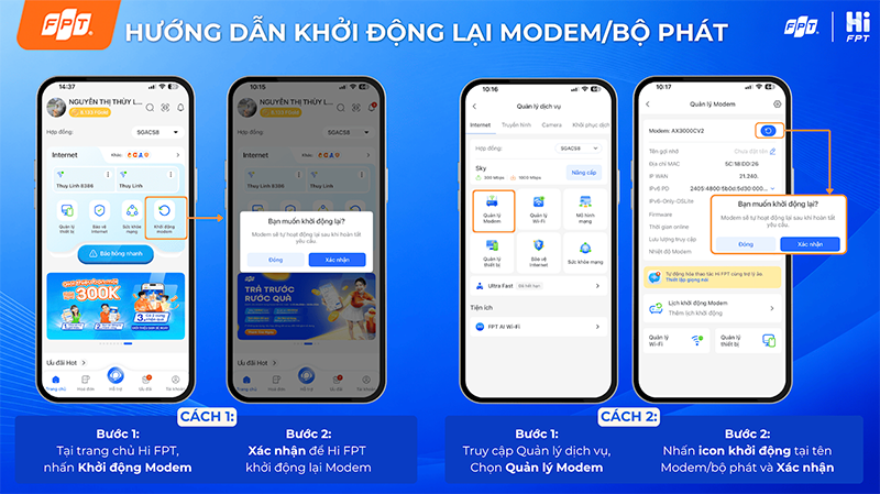 khởi động lại modem từ xa trên ứng dụng Hi FPT