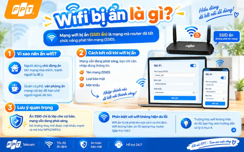 WiFi ẩn là mạng không phát tên SSID trong danh sách kết nối