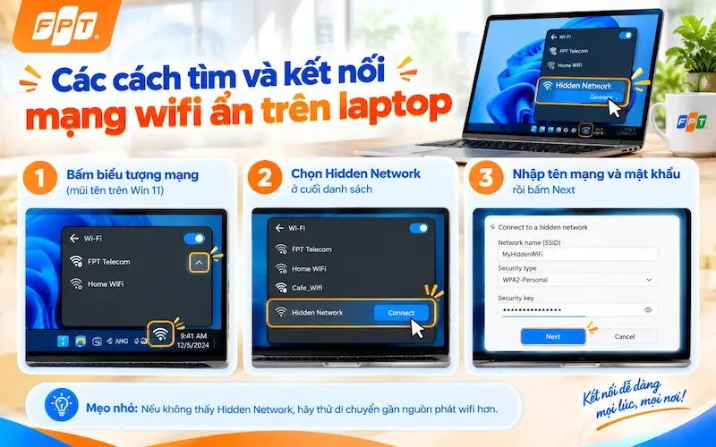 chọn Hidden Network trong danh sách wifi trên laptop Windows