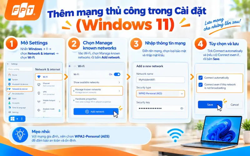 thêm mạng wifi ẩn thủ công trong Manage known networks Windows 11
