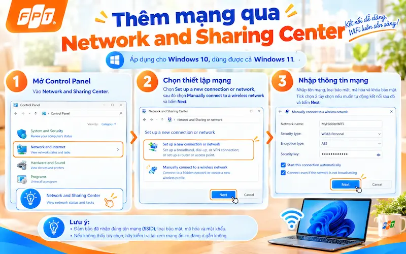 thêm mạng wifi thủ công qua Network and Sharing Center
