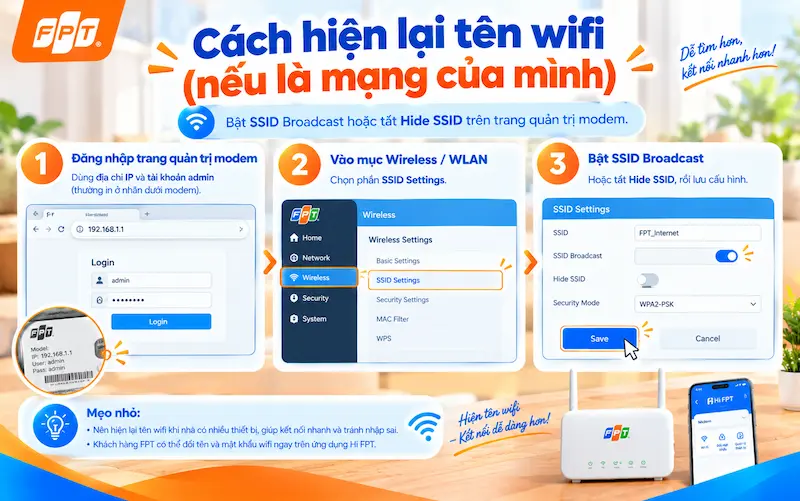 bật SSID Broadcast để hiện lại tên wifi trên trang quản trị modem