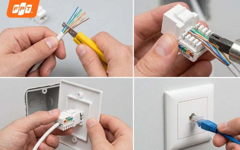 Thao tác bấm dây cáp vào nhân ổ cắm mạng RJ45 theo chuẩn T568B bằng dụng cụ chuyên dụng