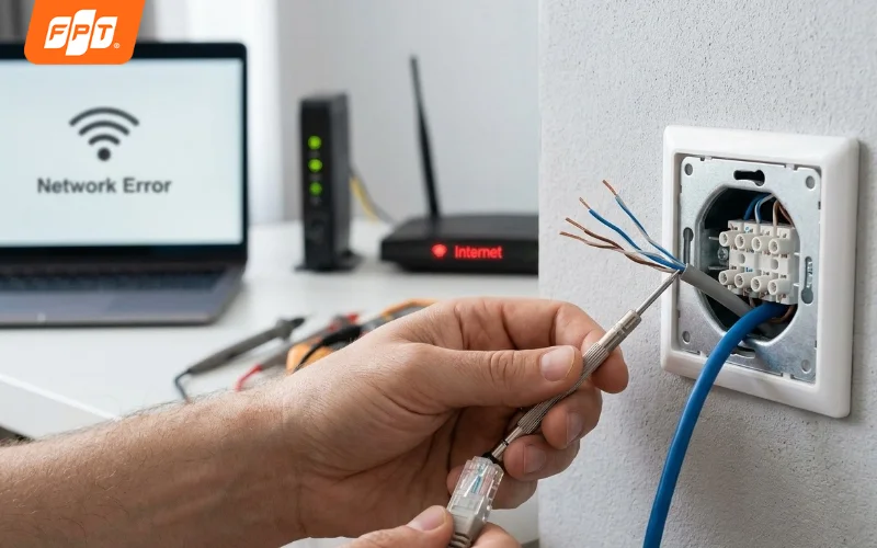 Vị trí đặt: Đặt dưới các trường hợp lỗi hoặc đoạn kết thúc mục 4.3.
Alt Text không dấu: Khac phuc loi o cam mang am tuong khong hoat dong hoac mang chap chon
Nội dung hiển thị (viết chuẩn có dấu): Cách khắc phục sự cố ổ cắm mạng âm tường bị mất tín hiệu hoặc mạng chập chờn