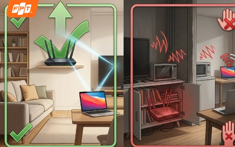 Vị trí lắp đặt router WiFi thông thoáng ở trung tâm ngôi nhà giúp MacBook bắt sóng tốt hơn