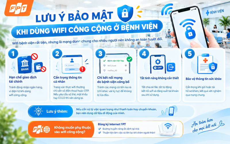 Biểu tượng ổ khóa trên màn hình điện thoại cạnh biểu tượng wifi, nền sảnh bệnh viện mờ