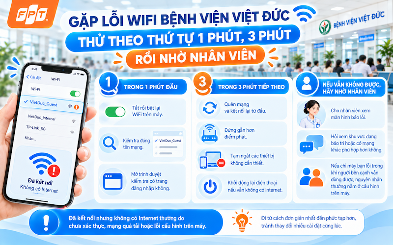 Điện thoại hiện dấu chấm than cạnh biểu tượng wifi, nền hành lang bệnh viện đông người