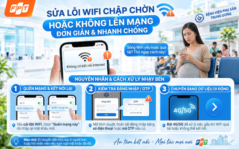 Điện thoại hiện dấu chấm than cạnh biểu tượng wifi, nền khu chờ đông người