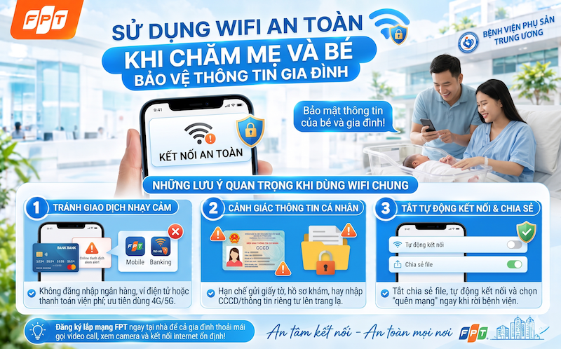 Ổ khóa trên màn hình điện thoại cạnh biểu tượng wifi, nền khu chăm mẹ và bé mờ
