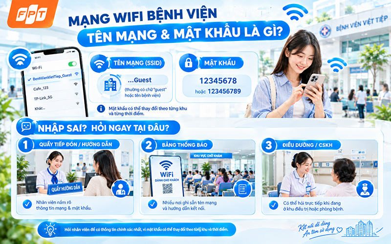 Bảng thông báo wifi có mã QR tại khu chờ của bệnh viện, người nhà đang chụp ảnh thông tin