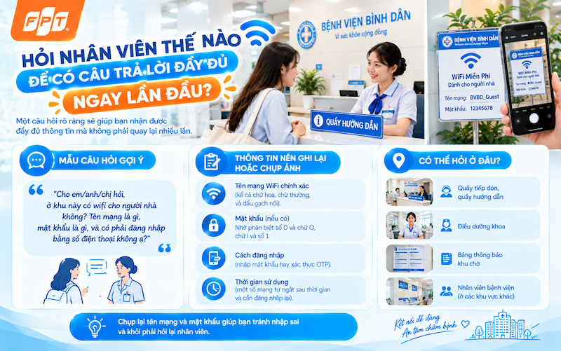 Người nhà hỏi nhân viên tại quầy, điện thoại chụp lại tên mạng wifi trên bảng thông báo